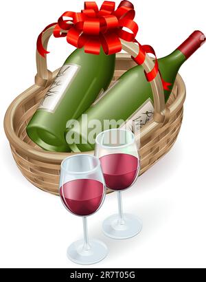 Illustration von Wein von Weidenkorb mit Flasche Rotwein und Gläsern und Dekoration Band und Schleife. Stock Vektor