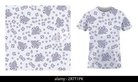 Kurzärmeliges Sport-T-Shirt aus Baumwolle mit saftigem Traubenstrauß mit Blättern- und Tendrils-Muster. Bequeme Sommerkleidung. Vektorschmuck für Stock Vektor