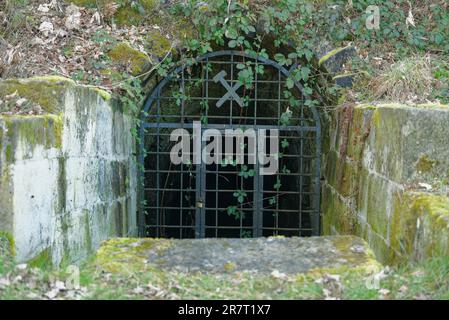 Bergwerk, Eingang zum ehemaligen Steinsalzbergwerk in Wilhelmsglueck, Rosengarten, Kochertal, Schwaebisch-Halle, Heilbronn-Franken, Baden-Württemberg Stockfoto