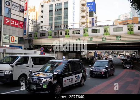 Shibuya, Japan. 17. Januar 2023. Die Kreuzung Shibuya mit der JR East Railway Yamanote Line Viadukt, die die weltweit geschäftigsten U-Bahnlinien einschließlich der Yamanote Freight Line und der Shonan-Shinjuku Line (Credit Image: © Taidgh Barron/ZUMA Press Wire) umfasst, WIRD NUR REDAKTIONELL VERWENDET! Nicht für den kommerziellen GEBRAUCH! Stockfoto