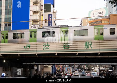 Shibuya, Japan. 17. Januar 2023. Die Kreuzung Shibuya mit der JR East Railway Yamanote Line Viadukt, die die weltweit geschäftigsten U-Bahnlinien einschließlich der Yamanote Freight Line und der Shonan-Shinjuku Line (Credit Image: © Taidgh Barron/ZUMA Press Wire) umfasst, WIRD NUR REDAKTIONELL VERWENDET! Nicht für den kommerziellen GEBRAUCH! Stockfoto