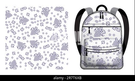 Kinderrucksack dekorierte saftige Trauben mit Blättern und Tendrils Muster. Studentenzubehör. Vektorschmuck zur Gestaltung von Postern Stock Vektor