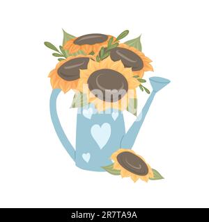Sommervektordarstellung mit einer Gießkanne mit einem Strauß von Sonnenblumen isoliert vom Hintergrund. Original-Vase mit flachem Clipart und Blumen. Stock Vektor