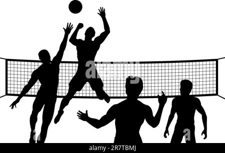 Editierbare Vector Silhouetten von vier Männern spielen Beach-Volleyball mit allen Elementen als separate Objekte Stock Vektor