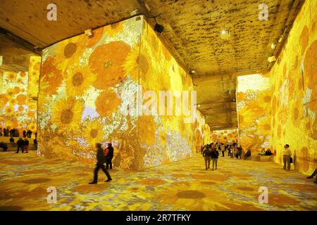 Carrieres des Lumieres mit Show Vermeer a Van Gogh, Sonnenblumen, Gemälde, Vincent van Gogh, Steinbrüche, kathedrale, Felsgesicht, Menschen, Zuschauer Stockfoto