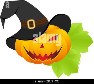 Halloween-Kürbis mit Hexenhut isoliert auf einem weißen. Vektordarstellung. Stock Vektor