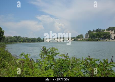 Blick über die Rhone zum Wahrzeichen Pont Saint-Benezet, Avignon, St, Fluss, Ufer, Bridge, Vaucluse, Provence, Frankreich Stockfoto