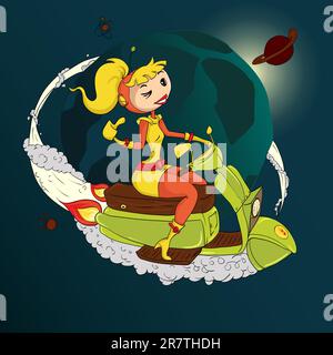 Das Mädchen auf dem äußeren Roller fliegt um den Planeten. Vektordarstellung. Stock Vektor