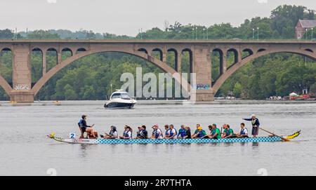 Washington, DC, das DC Dragon Boat Festival auf dem Potomac River. Drachenbootfahren ist eine 2300 Jahre alte chinesische Tradition. Das Festival in Washington schon Stockfoto