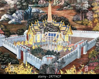 Wandbilder, Gemälde, Geschichten und Geschichte aus Buddha, Bangkok, Könige und Buddhismus im Wat Phra Kaeo, auf Englisch allgemein bekannt als der Tempel des Stockfoto