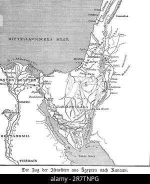 Die Migration der Israeliten von Ägypten nach Kanaan, Altes Testament, Bibel, Migration, Karte, Halbinsel Sinai, Nilmündung, Jerusalem, Damaskus Stockfoto