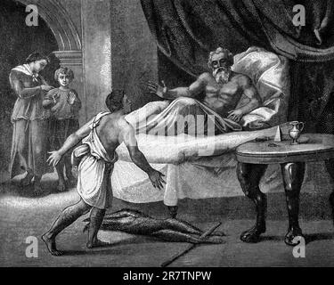 Esau am Sterbebett seines Vaters, erstes Buch der Genese, Kapitel 27, Verse 1-55, Altes Testament, Bibel, Bett, Isaak, Tod, Sohn von Esau, Tisch, Zimmer Stockfoto