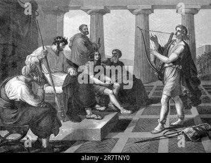Davids Saite spielt vor Saul, erstes Buch von Samuel, Kapitel 16, Verse 14-23, Instrument, Lyre, Harfe, tron, Musik, König, David, Das ist Grace Stockfoto