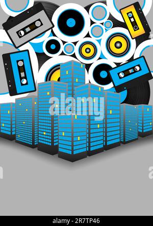 Retro-Party Hintergrund - Audio-Kassetten, Schallplatten und Wolkenkratzern auf grauem Hintergrund Stock Vektor
