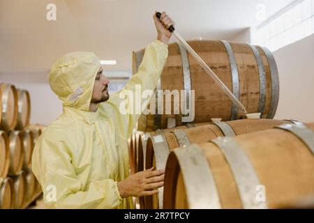 Facharbeiter des Weinherstellers arbeitet in der WIN-Fabrik Test Wein Aroma Gärung in Eichenholzfässern. Stockfoto