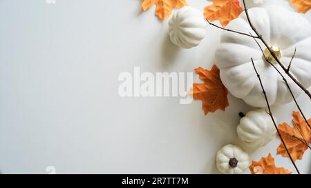 Nahaufnahme von Kürbissen, orangefarbenen Ahornblättern, Zweigen auf weißem Hintergrund, Draufsicht, flach liegend, Kopierbereich. Das Konzept des Herbstbeginns, Herbst-geldautomaten Stockfoto