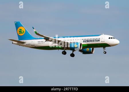 Frankfurt, Deutschland. 03. Juni 2023. Ein Uzbekistan Airways Airbus 320 NEO landet auf dem Frankfurter Flughafen. (Foto: Fabrizio Gandolfo/SOPA Images/Sipa USA) Guthaben: SIPA USA/Alamy Live News Stockfoto