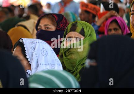 Srinagar, Indien. 17. Juni 2023. 17. Juni 2023, Srinagar Kaschmir, Indien : Unterstützer und Aktivisten der regierenden Bharatiya Janata Party (BJP) hören den Parteiführern bei einer öffentlichen Kundgebung in Srinagar zu. Tausende von BJP-Anhängern nahmen an der Kundgebung anlässlich des 9.-jährigen Bestehens der Regierung von Ministerpräsident Narendra Modi Teil. Am 17. Juni 2023 in Srinagar Kashmir, Indien. (Foto: Firdous Nazir/Eyepix Group) Kredit: Eyepix Group/Alamy Live News Stockfoto