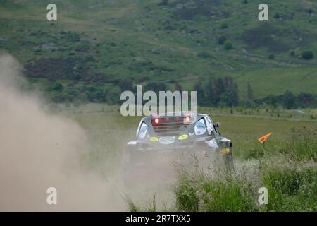 Galashiels, Großbritannien. 17. Juni 2023. Die Wettbewerber Johnnie Drysdale/Tony Rae Milner R5 treten auf einer geschlossenen Bühne in Glendearg in der Nähe von Galashiels an der schottischen Grenze an. Mit 31 Fahrzeugen wird die Veranstaltung am Sonntag, den 18. Juni, wieder ähnliche Bühnen durchqueren, sowie eine Demonstrationsvorführung im Thirlestane Castle, Lauder, Teil des Motoring Extravaganza Events, das auf dem Gelände stattfindet. Dies war der erste Tag der Scottish Summer Hill Rally, jährliche Veranstaltung, ( Kredit: Rob Gray/Alamy Live News Stockfoto