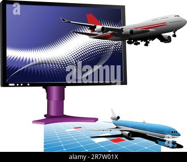 Gepunktete blaue Hintergrund mit Flachbild Computer Monitor mit Passagierflugzeug. Display. Vector Illustration Stock Vektor