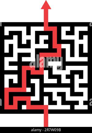 Roter Pfeil, der durch das Labyrinth geht. Pfad durch ein Labyrinth, eps 8 Vektor Stock Vektor