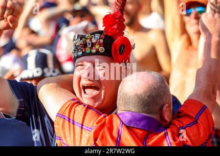 Oslo, Norwegen, 17. Juni 2023. Schottischer Unterstützer feiert einen wichtigen Sieg im Qualifikationsspiel der EM 2024 zwischen Norwegen und Schottland im Ullevål Stadium in Oslo Credit: Frode Arnesen/Alamy Live News Stockfoto