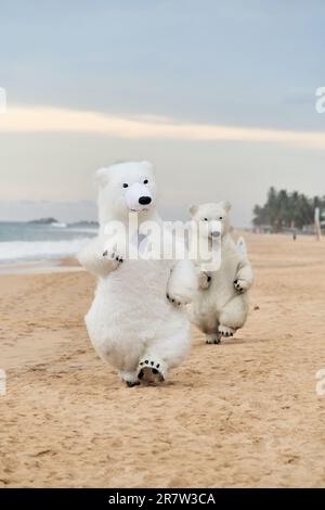 Animateure, die als Eisbären verkleidet sind, unterhalten die Leute am Strand Stockfoto