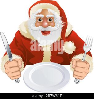 Abbildung des Weihnachtsmannes sitzen für das Weihnachtsessen mit leeren Teller und Messer und Gabel Stock Vektor