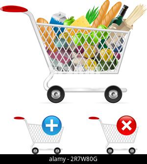 Einkaufswagen voller verschiedener Produkte. Abbildung auf weißem Hintergrund Stock Vektor