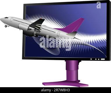 Gepunktete blaue Hintergrund mit Flachbild Computer Monitor mit Passagierflugzeug. Anzeige. Vector Illustration Stock Vektor