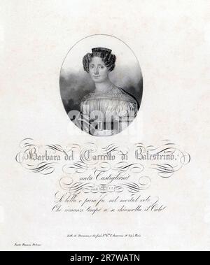 1823 Ca, ITALIEN : das Portrait von Marchesa BARBARA DEL CARRETTO DI BALESTRINO ( Mailand , Österreichisches Reich , 1796 - Turin , 1823 ) , geboren dei conti CASTIGLIONI . Tochter von conte Alfonso Gaetano Castiglioni di Garlasco ( 1756 - 1834 ) und Eleonora Crivelli dei conti di Nerviano ( 1762 - 1840 ). Barbara wurde 1813 mit Marchese DOMENICO DONATO DEL CARRETTO DI BALESTRINO Conte di Garlenda , Paravenna und Cisano ( 1786 - 1869 ) verheiratet. Das Paar hatte 3 Söhne: Gian Enrico ( 1815 - 1874 ), Vittorio Maria ( 1817 - 1893 ) und Barbara ( 1822 - 1862 , verheiratet Bianco ). Porträt graviert von Carlo Panar Stockfoto