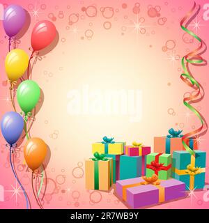 Ballonhintergrund mit Luftschlangen und Geschenkboxen Stock Vektor