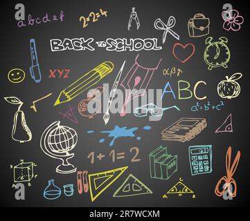 Zurück zu Schule - Schule doodle Vektorgrafiken auf der Tafel Stock Vektor