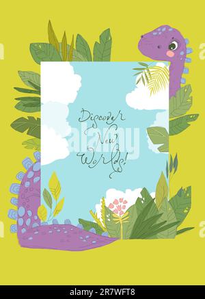 Einladungskarte mit Rahmen und niedlichem Dinosaurier für Kinderparty Stock Vektor