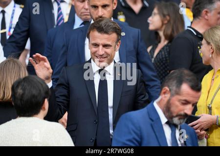 Saint Denis, Frankreich. 17. Juni 2023. Julien Mattia/Le Pictorium - Top 14 Rugby-Finale zwischen Stade Toulousain und Stade Rochelais - 17/6/2023 - Frankreich/seine Saint Denis/Saint-Denis - Emmanuel Macron im Top 14 Finale zwischen Stade Toulousain und Stade Rochelais im Stade de France in Paris am 17. Juni 2023. Kredit: LE PICTORIUM/Alamy Live News Stockfoto