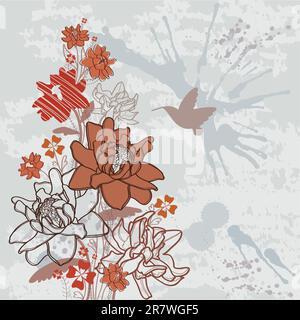 Sommervektor mit Blütenblüten und fliegendem Kolibri auf einem abstrakten Hinterland Stock Vektor