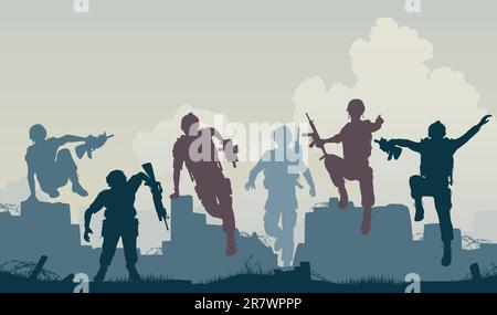 Editierbare Vector Silhouetten von bewaffneten Soldaten Lade vorwärts Stock Vektor