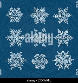 Makro-Struktur der echte Schneeflocken, umgewandelt und als dekorative nutzbare Formen gezeichnet. Satz von neun Formen. Stock Vektor