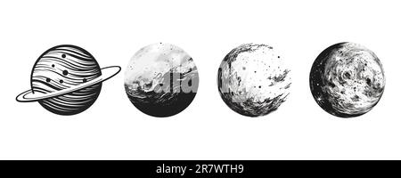 Infografik zum Sonnensystem. Handgezeichnete Darstellung von Planeten isoliert auf weißem Hintergrund. Stock Vektor