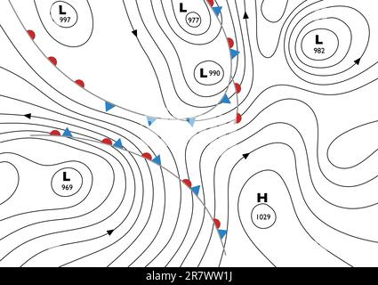 Bearbeitbares Vektor-Illustration einer generischen Wetterkarte mit Isobaren und Wetterfronten Stock Vektor