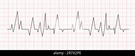 Schwarzes Heartbeat-Diagramm auf rotem Diagrammpapier. Elektrokardiogramm-Linie. Herzrhythmus oder Kardiotest. Symbo Kardiologie-Krankenhaus Stock Vektor