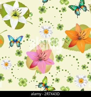 Nahtloses Muster mit Blumen und Schmetterlingen Stock Vektor