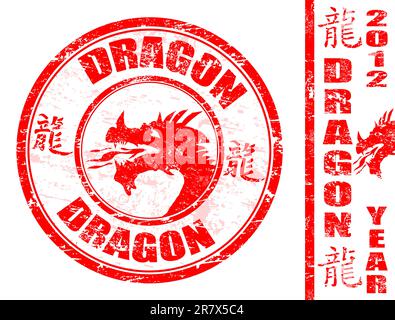Drachen chinesisches Tierdiakzeichen in Grunge-Gummistempel, Vektorbild Stock Vektor