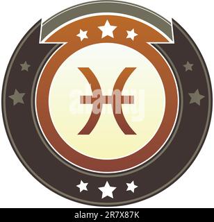 Pisces zodiac Astrologie Symbol auf rundem rot-braunem kaiserlichen Vektorknopf mit Sternakzenten geeignet für die Verwendung auf der Website, in Druck und Werbung ... Stock Vektor