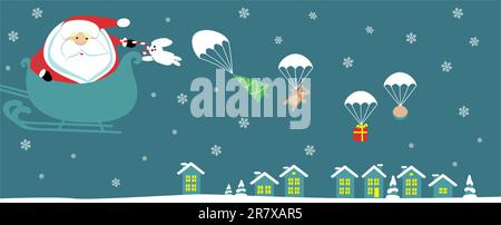 Der Weihnachtsmann mit der Glocke im Schlamassel wirft Geschenke mit Fallschirmen. Vektor Stock Vektor