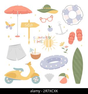 Kollektion von Sommerelementen am Strand. Stock Vektor