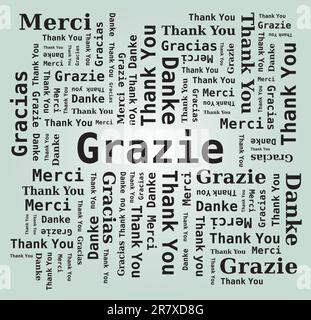 Vielen Dank Word Cloud in verschiedenen Sprachen - 5 Sprachen, Englisch, Französisch, Deutsch, Spanisch und Italienisch Stock Vektor