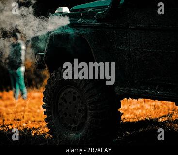 Geländewagen zwischen Gebirgslandschaft. Spuren auf einem schlammigen Feld. Blick von unten auf großes Geländewagenrad auf Landstraße und Bergkulisse Stockfoto