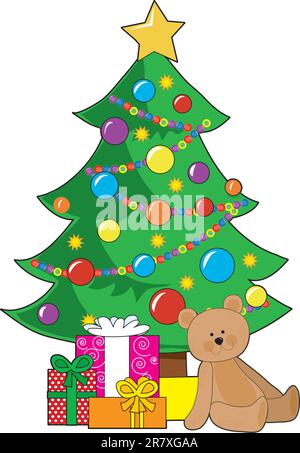 Ein Weihnachtsbaum, dekoriert mit Ornamenten und einem Stern, hat Geschenkartikel und einen Teddybär um seine Basis gewickelt. Stock Vektor