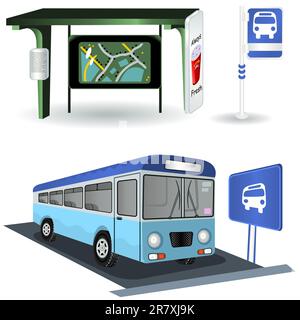 Eine Sammlung verschiedener Abbildungen von Busbahnhöfen. Stock Vektor